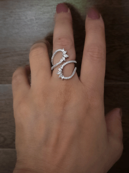 Double loop design zircon studded adjustable ring with marquise shaped stones