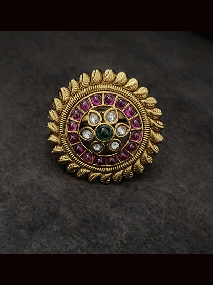 Ruby,green stones flower center round adjustable ring with leaf design edge