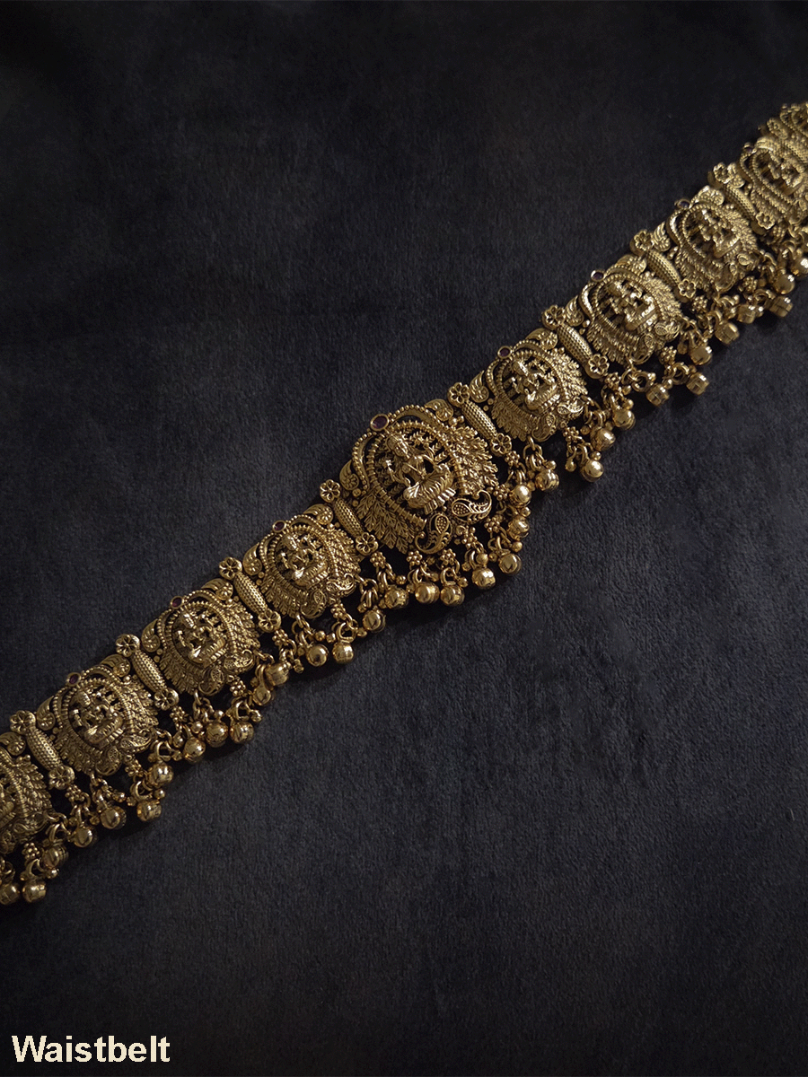 Laxmiji motif's waist belt with flower and paisley design with ghunghru hangings