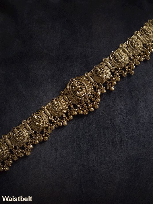 Laxmiji motif's waist belt with flower and paisley design with ghunghru hangings