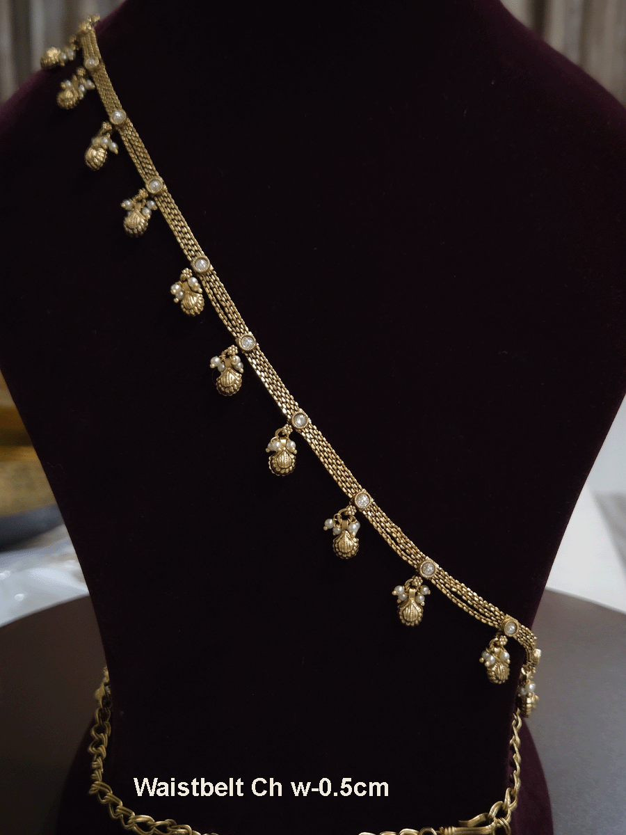 5mm broad chain waist belt with kundan and bead hangings