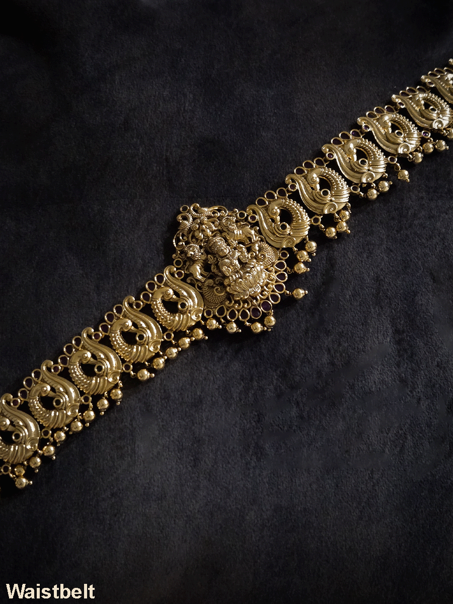 Laxmiji motif in center on peacock side design waist belt with gold bead hangings