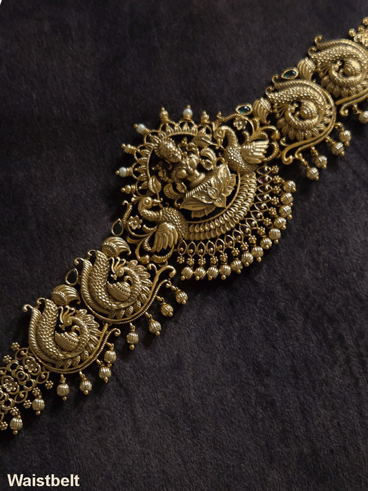 Laxmiji motif in center with peacock on both sides waist belt with peacock design chain