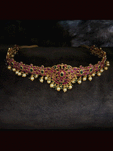 Load image into Gallery viewer, Ruby and green kemp stone waist belt with pearl drops(waist belt center W-5cm,side W-3cm)