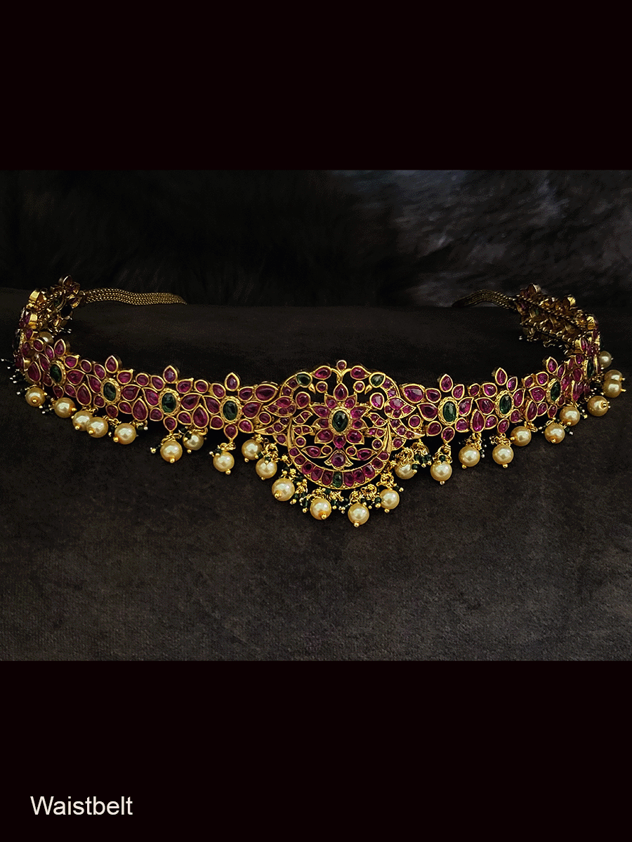 Ruby and green kemp stone waist belt with pearl drops(waist belt center W-5cm,side W-3cm)