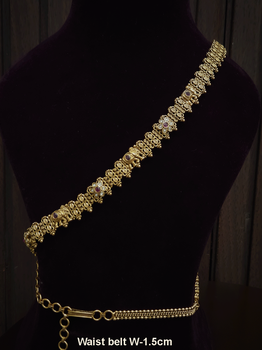 Elephant design and kundan flower with ruby stone broad chain waist belt