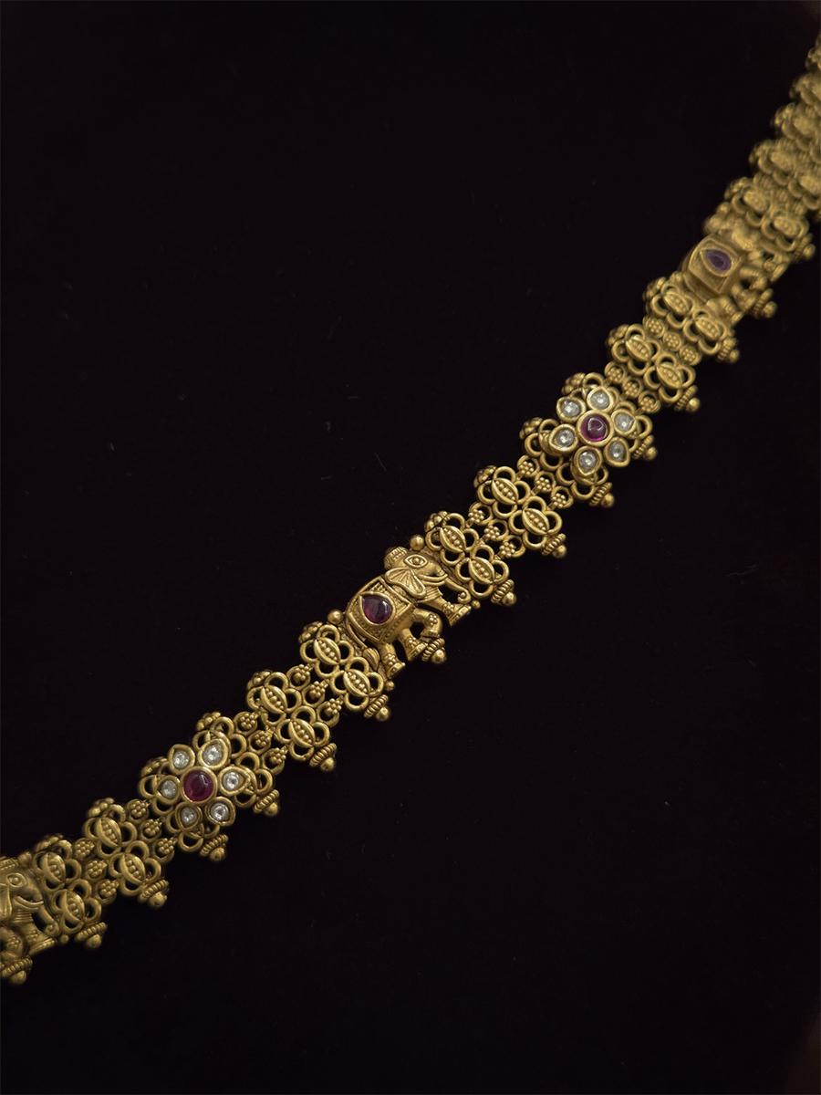 Elephant design and kundan flower with ruby stone broad chain waist belt