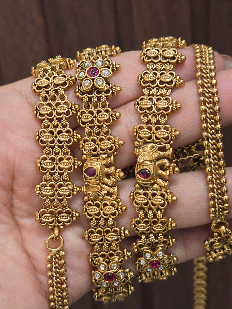 Elephant design and kundan flower with ruby stone broad chain waist belt