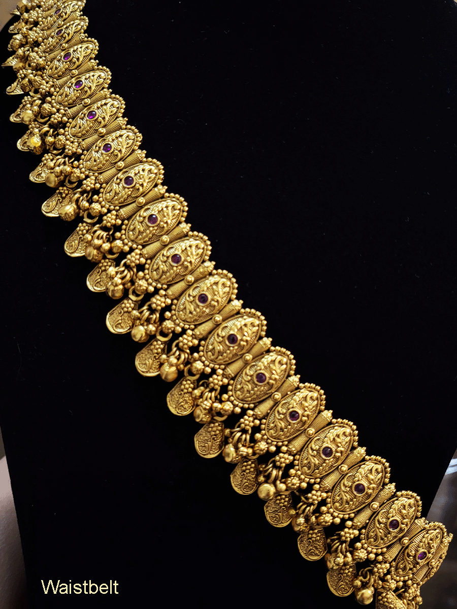 4cm broad oval ruby stones studded tukdies waistbelt with leaf tukdi hangings