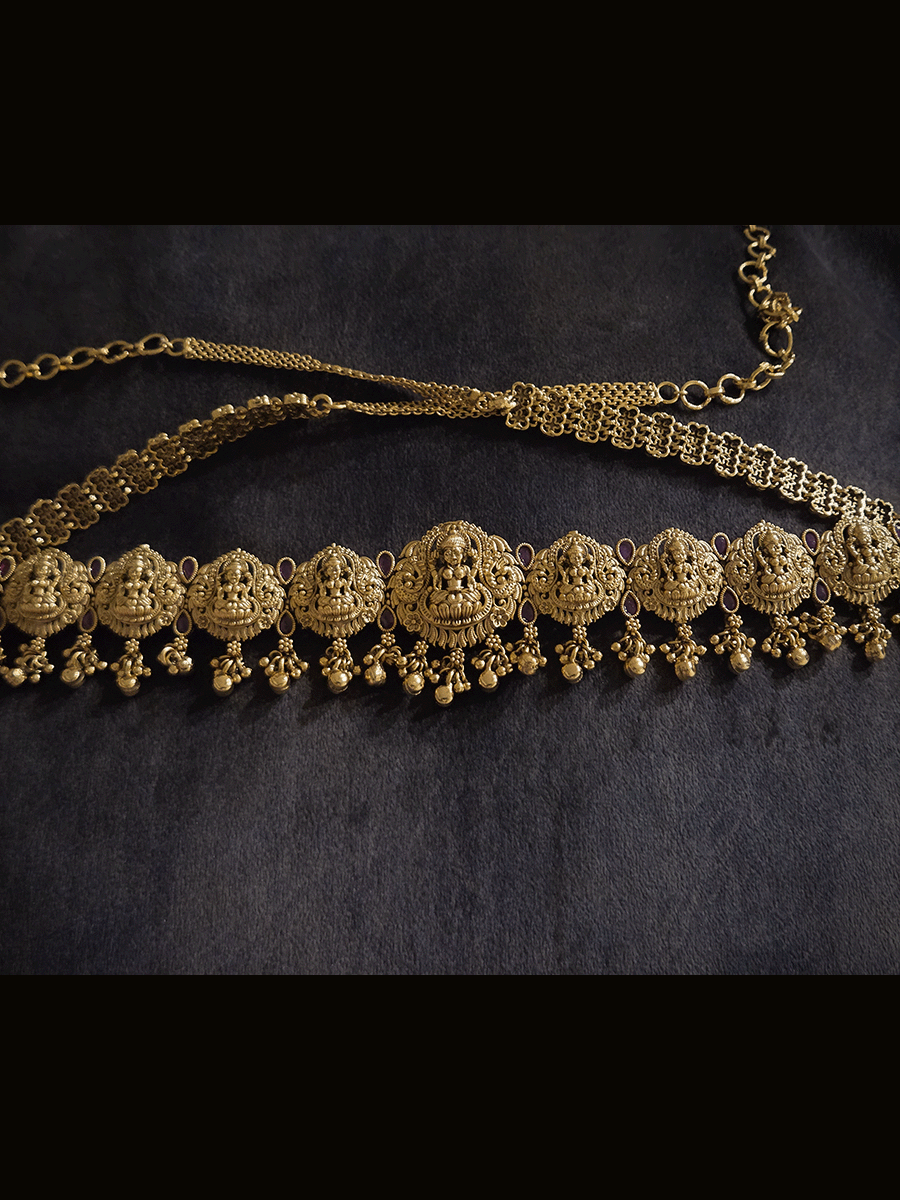 Laxmiji motif's waist belt with tear shaped ruby stones and ghunghru hangings