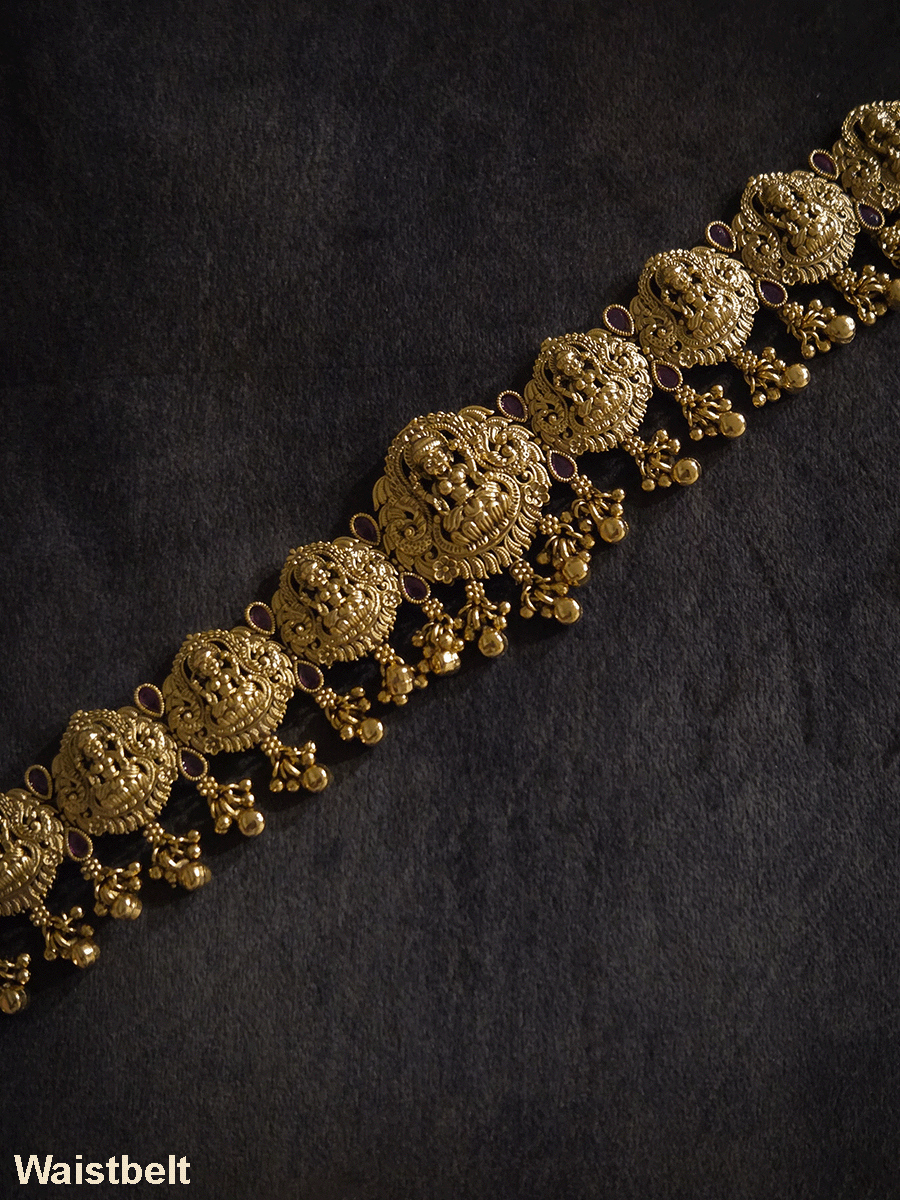 Laxmiji motif's waist belt with tear shaped ruby stones and ghunghru hangings