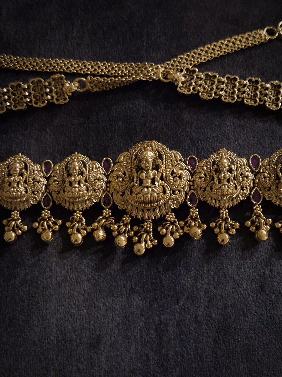 Laxmiji motif's waist belt with tear shaped ruby stones and ghunghru hangings
