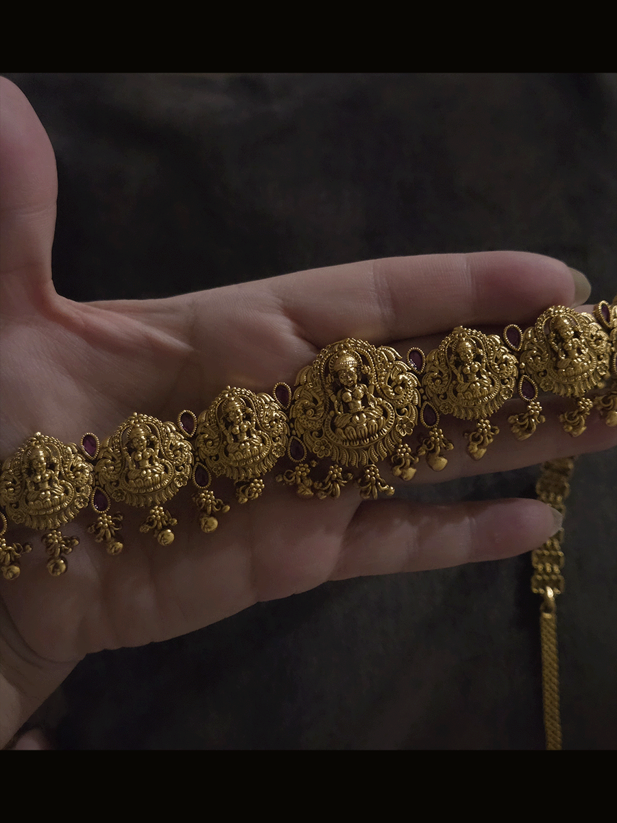 Laxmiji motif's waist belt with tear shaped ruby stones and ghunghru hangings