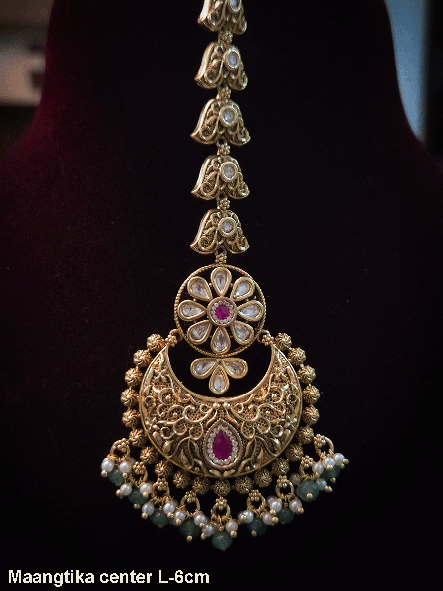 Kundan flower top with intricate ruby stone design maangtika with jade bead hangings