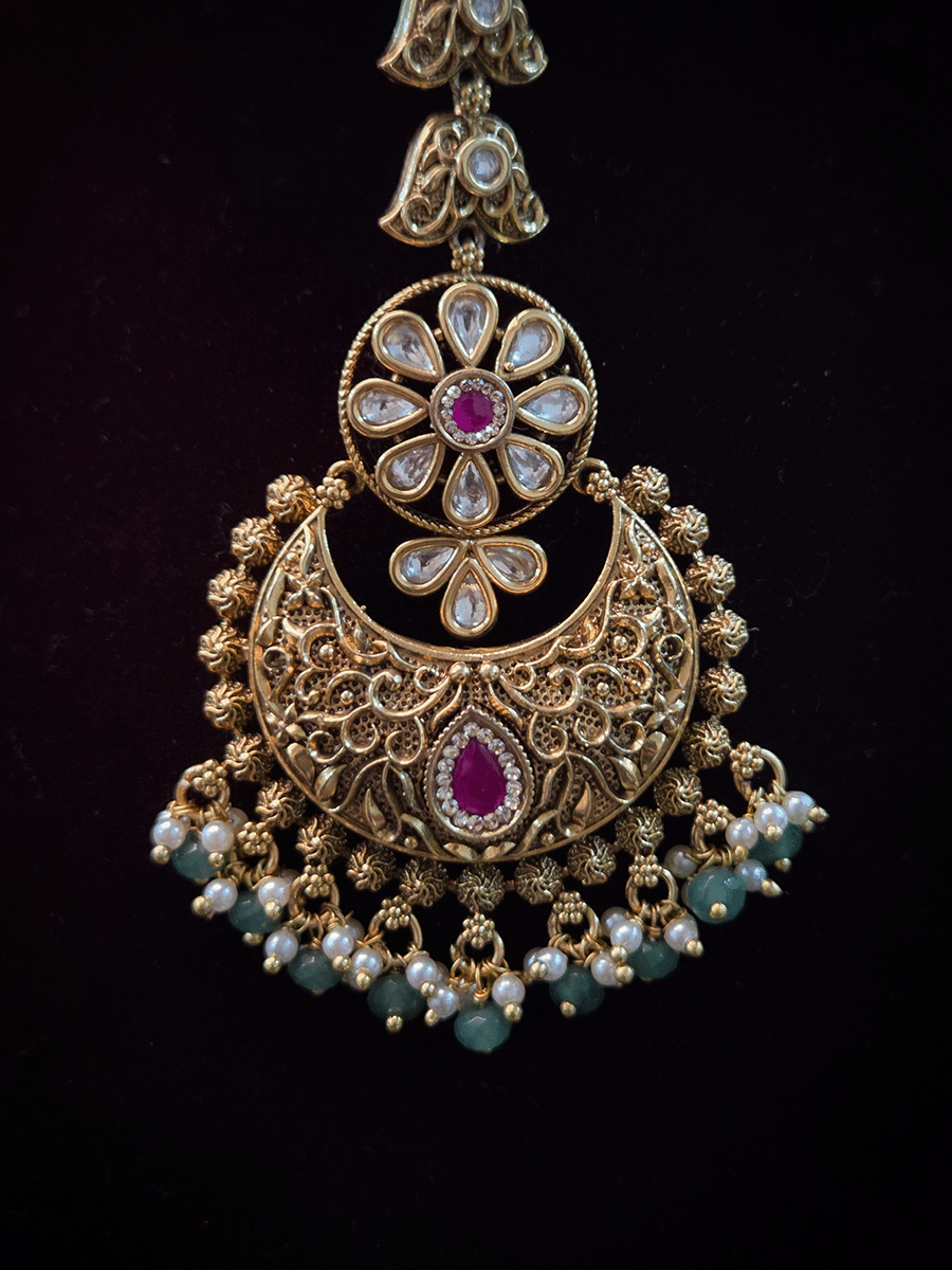 Kundan flower top with intricate ruby stone design maangtika with jade bead hangings