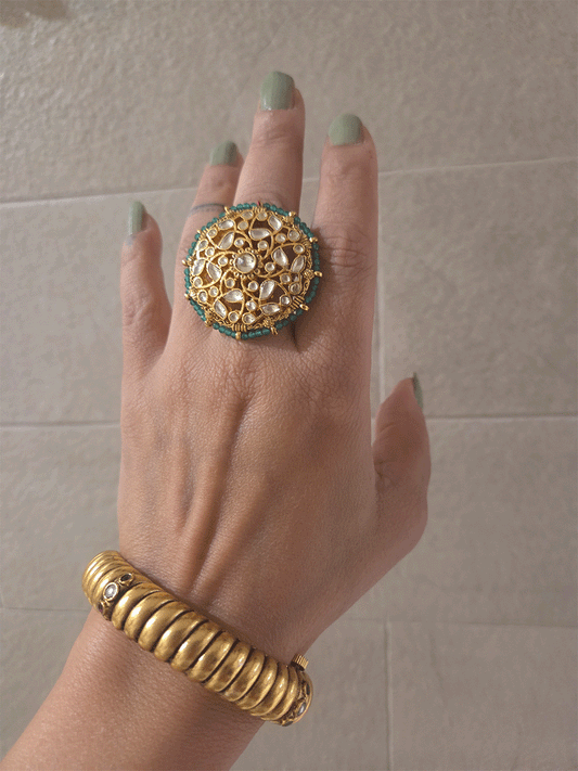 Round paachi kundan adjustable green pirohi outline ring