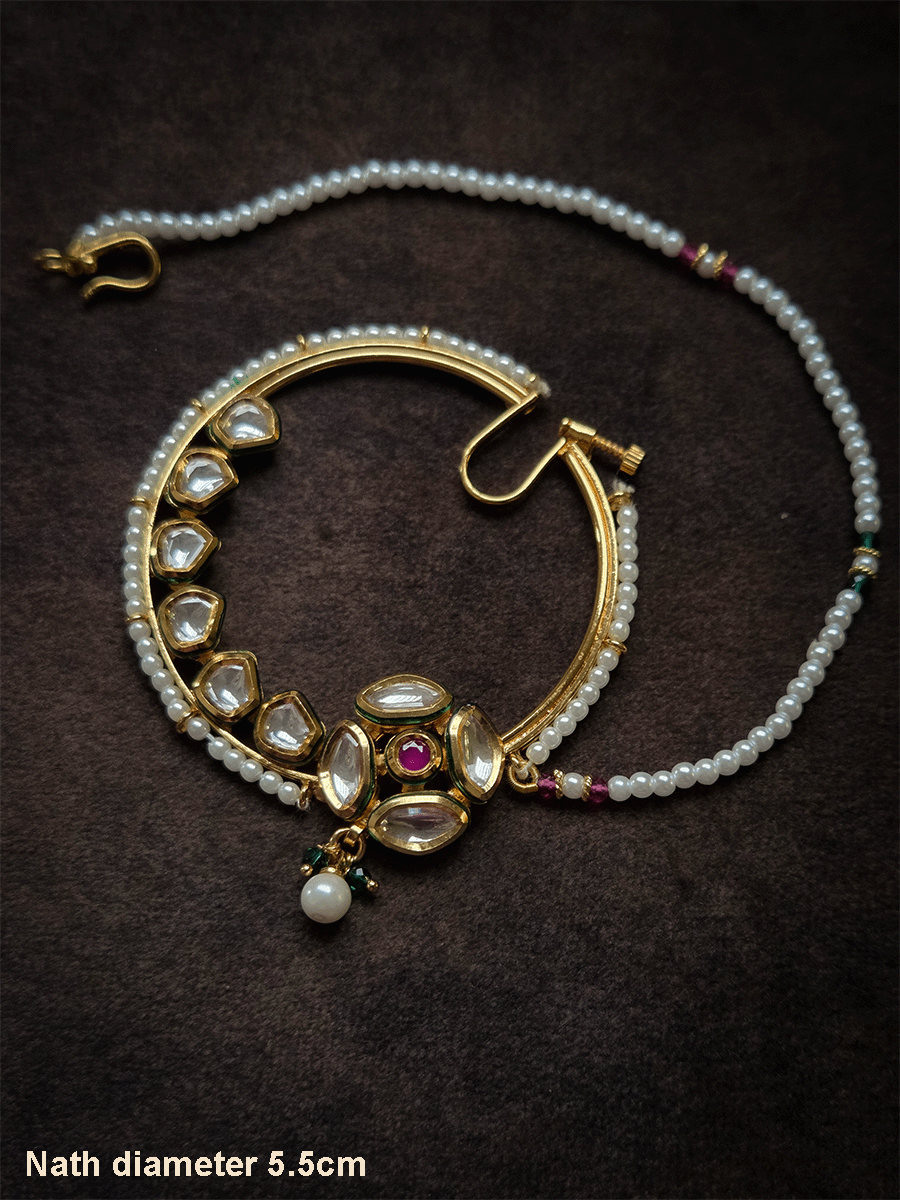 Four leaf kundan flower with ruby stone 5.5cm diameter nath with pearl pirohi