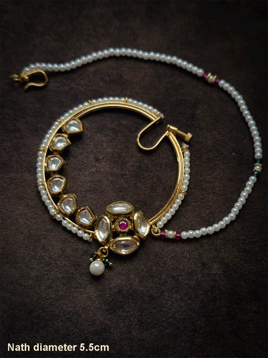 Four leaf kundan flower with ruby stone 5.5cm diameter nath with pearl pirohi