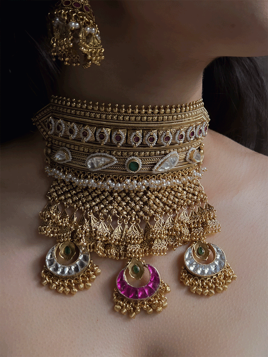 13 cm broad rajputi choker set with chandbali design three hanging paachi kundan tukdies