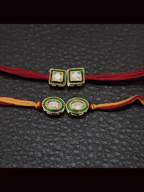 Two different shaped green enamel brown stones rakhi's(Set of two rakhi's)