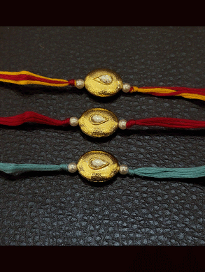 Set of three coloured thread gold bead rakhi's with kundan in the center(Set of 3 rakhi's)