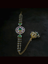 Load image into Gallery viewer, Circular paachi kundan bhabhi(sister) bracelet rakhi with jhoomki hanging