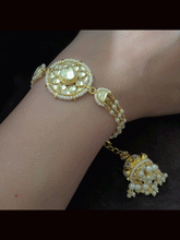 Load image into Gallery viewer, Circular paachi kundan bhabhi(sister) bracelet rakhi with jhoomki hanging