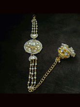 Load image into Gallery viewer, Circular paachi kundan bhabhi(sister) bracelet rakhi with jhoomki hanging