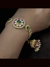 Load image into Gallery viewer, Circular paachi kundan bhabhi(sister) bracelet rakhi with jhoomki hanging
