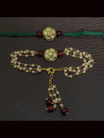Circular kundan and enamel work bhai bhabhi rakhi set