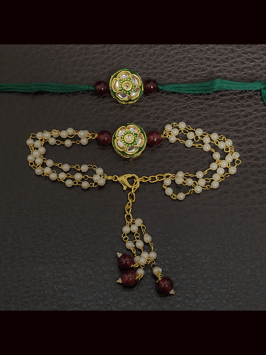Circular kundan and enamel work bhai bhabhi rakhi set