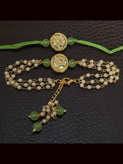 Circular kundan and enamel work bhai bhabhi rakhi set