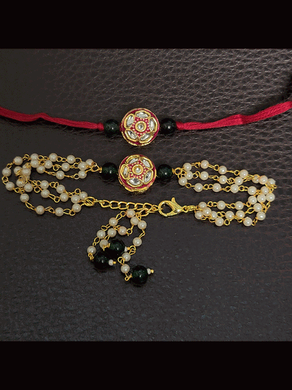 Circular kundan and enamel work bhai bhabhi rakhi set