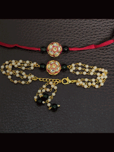 Circular kundan and enamel work bhai bhabhi rakhi set
