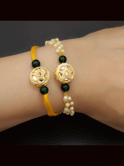 Circular kundan and enamel work bhai bhabhi rakhi set