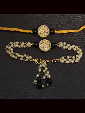 Circular kundan and enamel work bhai bhabhi rakhi set