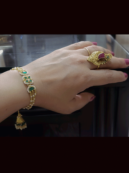 Pacchi kundan flower with side pearl strings with jhoomki hanging sister and bhabhi rakhi