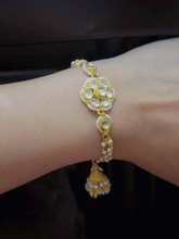 Load image into Gallery viewer, Flower tukdi paachi kundan sister and bhabhi rakhi with jhoomki hanging