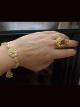 Load image into Gallery viewer, Flower tukdi paachi kundan sister and bhabhi rakhi with jhoomki hanging