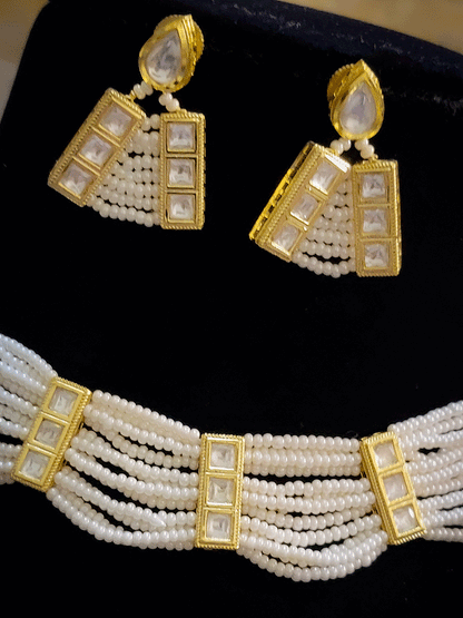 Three kundan rectangular tukdies in multiple beaded strings set