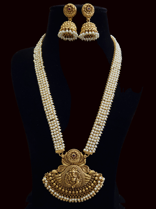 10 inch long bead hanging chain with ganpatiji semi-circular 7cm long pendant set
