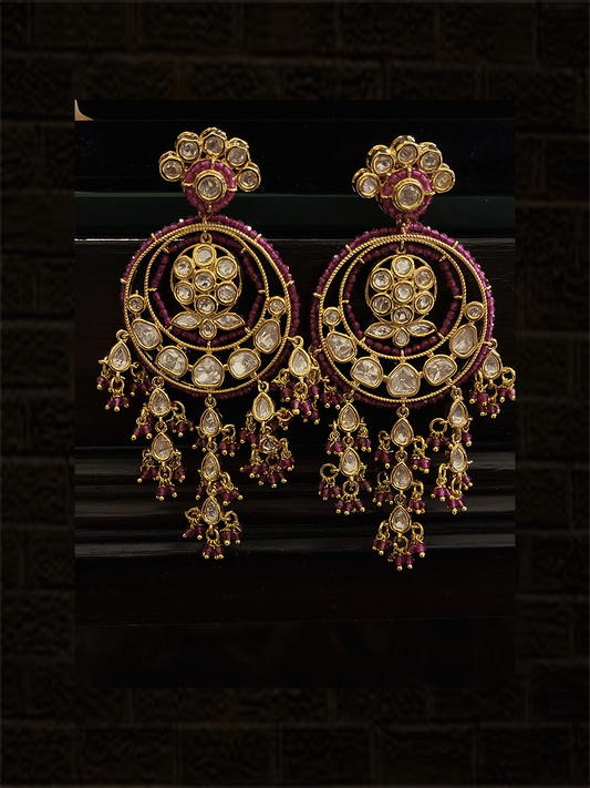 Long uncut polki half flower top chandbali earrings
