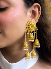 Load image into Gallery viewer, Ruby stone center flower top five jhoomki earrings(10cm long)