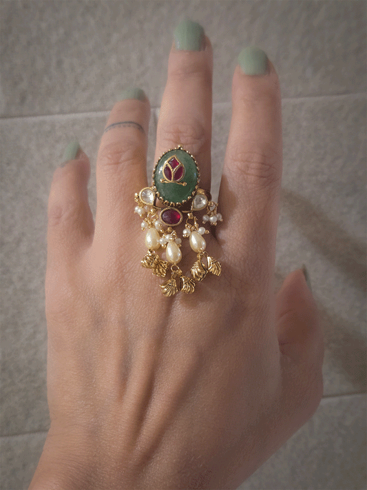 Red stone inlay work on jade stone adjustable ring with pearl and shell design gold bead tassels