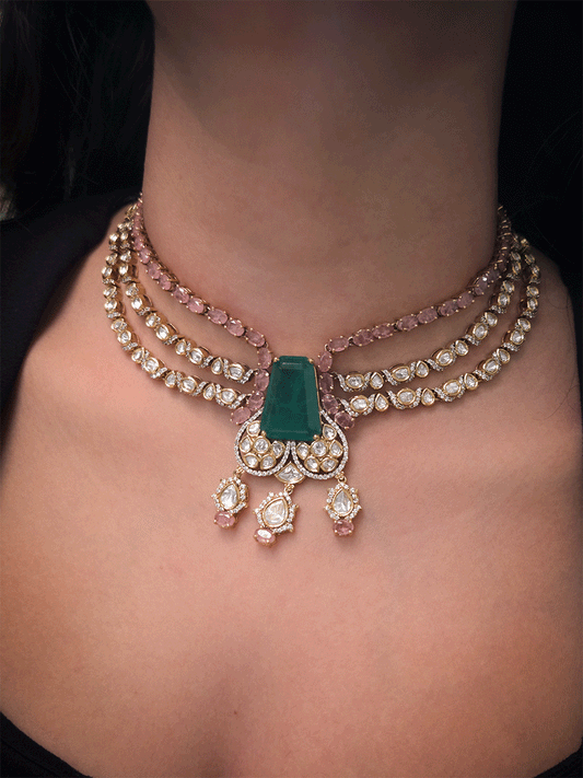 Three layer moissanite set with green stone center and one coloured stone layer