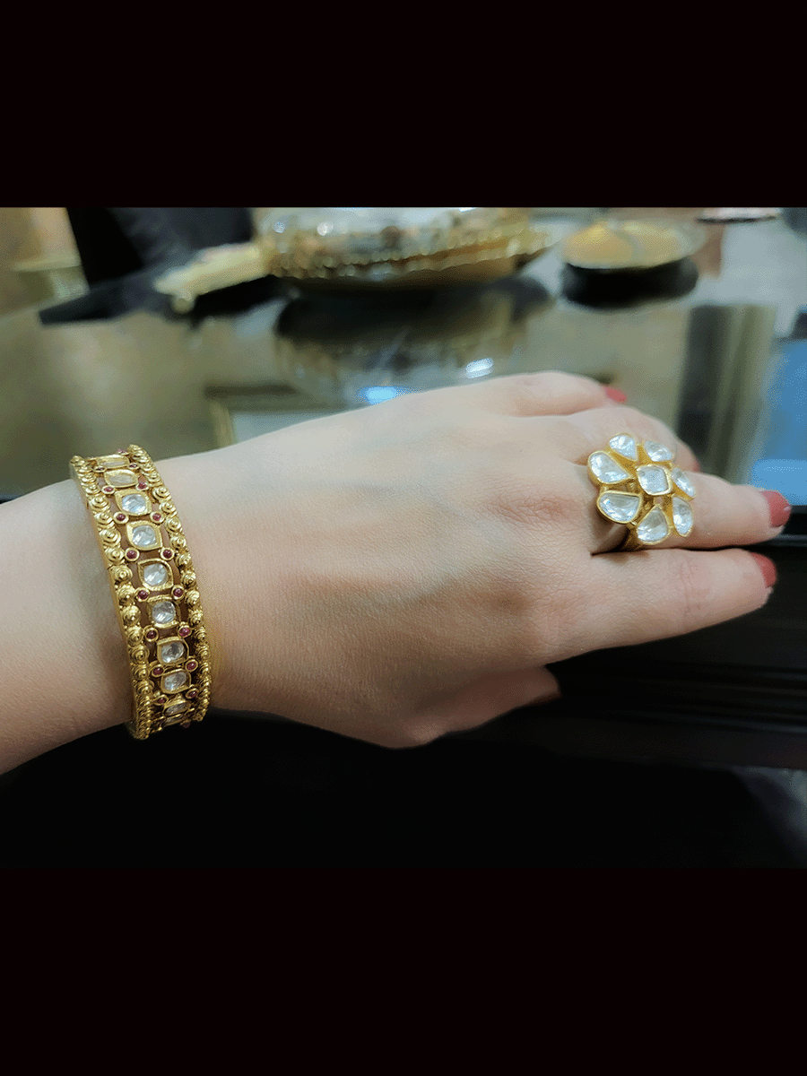 Single leaf shaped uncut polki with both sides ruby stones adjustable kada
