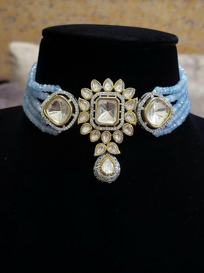 Uncut polki center piece with coloured stones in four strings set - Odara Jewellery