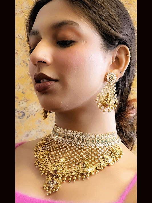 Broad laxmiji motif's choker with zircons embedded on mesh design with gold bead drop's8