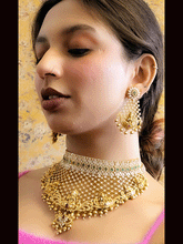 Load image into Gallery viewer, Broad laxmiji motif&#39;s choker with zircons embedded on mesh design with gold bead drop&#39;s