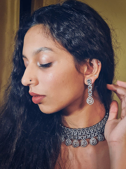Marquise and baguette setting AD black finish set with hanging spiral AD loops - Odara Jewellery
